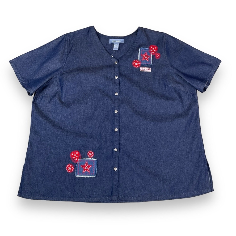 Liz & Me Shirt Women 3X Blue Chambray Short Sleeve Button NWT‎